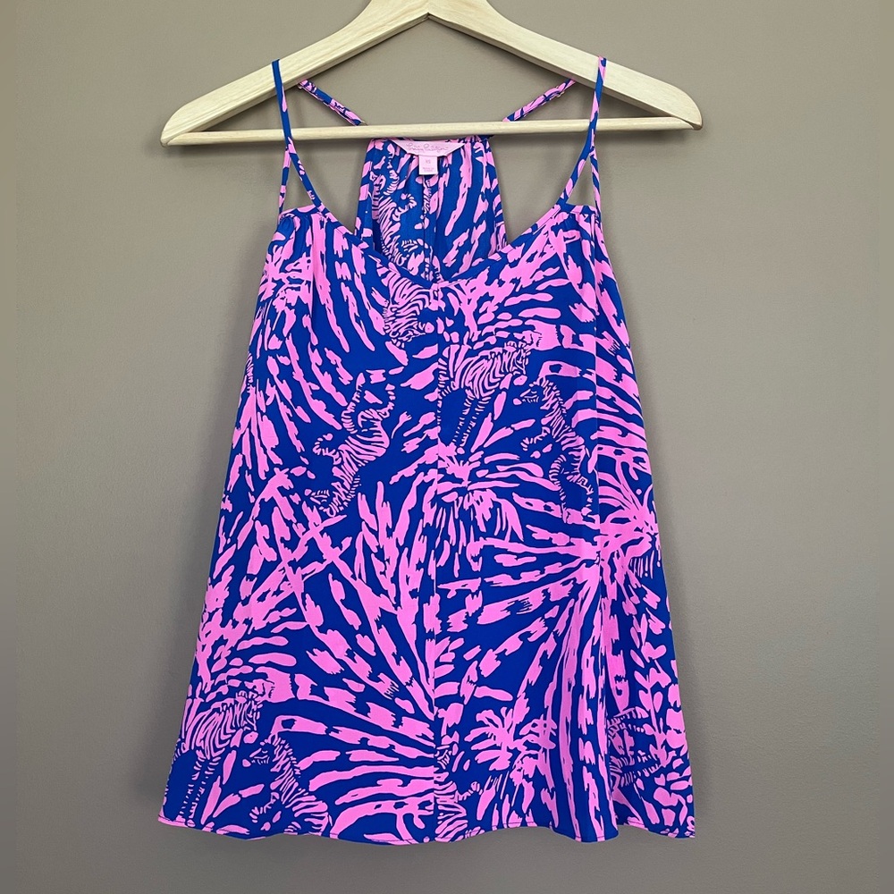 {Lilly Pulitzer} Silk Zebra Print Rory Tank in Sapphire Blue Rollin in The Grass